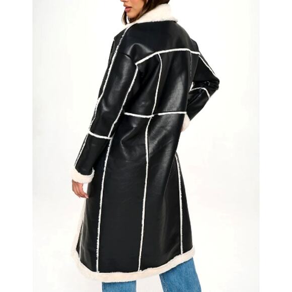 B Coature Faux Leather Faux Fur Sherpa Longline Jacket Coat Black Cream Size XL - Picture 4 of 9